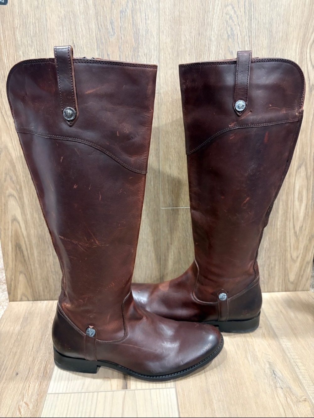 Frye Melissa Tab Redwood Tall Brown Leather Riding Zippered Boots size 7.5B
